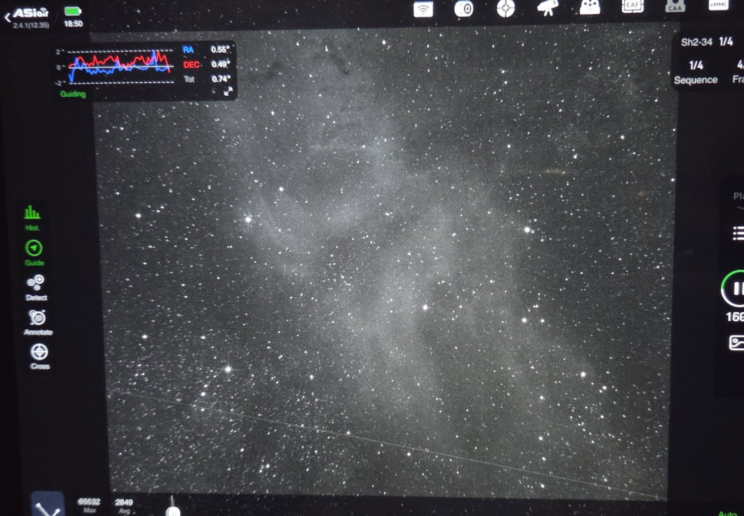 Image capture of my guiding when imaging Sh2-34. Note: The edge distortion is from the photo of the iPad screen, not the actual captured image.
