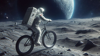 Spaceman in suit riding bike on planet