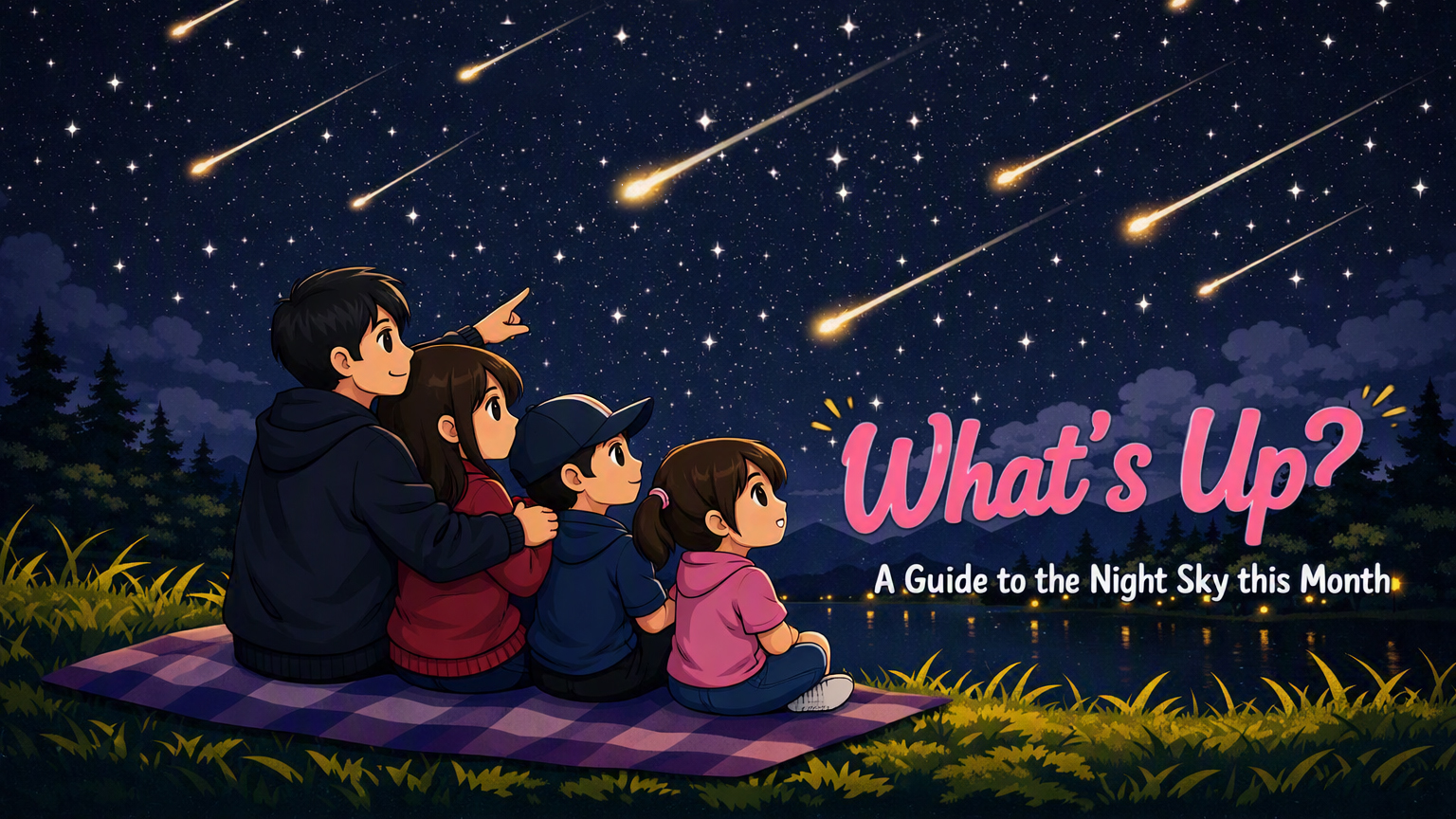Whats Up October Night Sky Events banner showing a cartoon family watching a metoer shower on a hill.